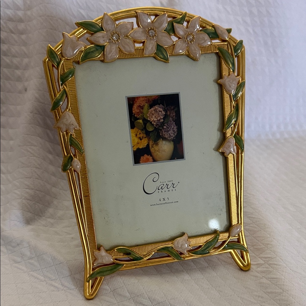 Carr Burnes of Boston Floral Enamel Gold Metal Pink w crystal 4x6 Picture Frame